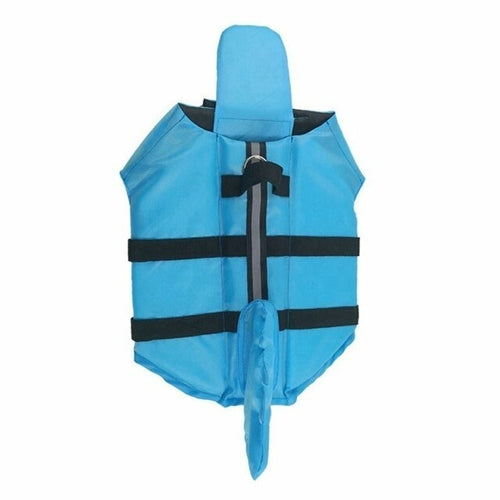 Blue dog life vest with shark-tail design and black adjustable straps.