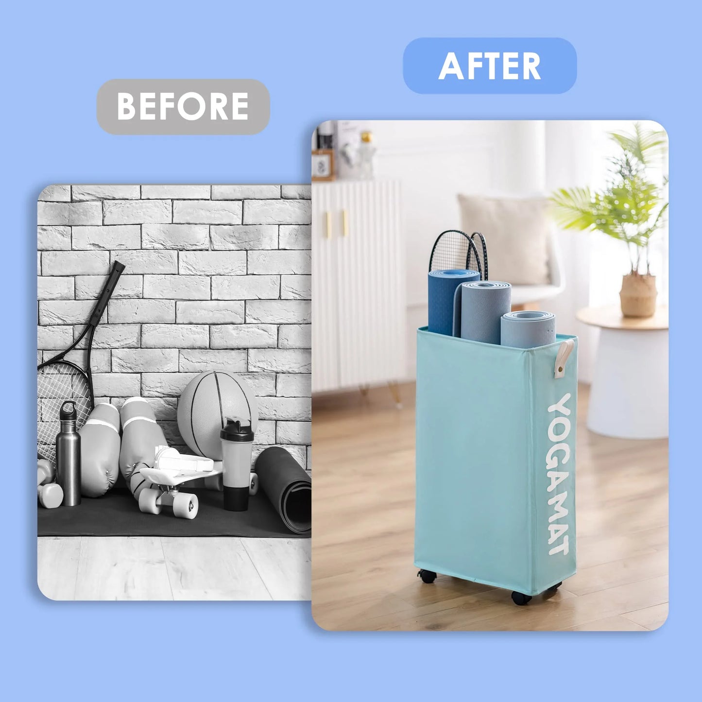 Yoga Mat Storage Rack, 27’’ Large Yoga Mat Holder Accessories, Home Gym Equipment Storage Yoga Mats, Workout Equipment Organization with Wheels, Light Blue