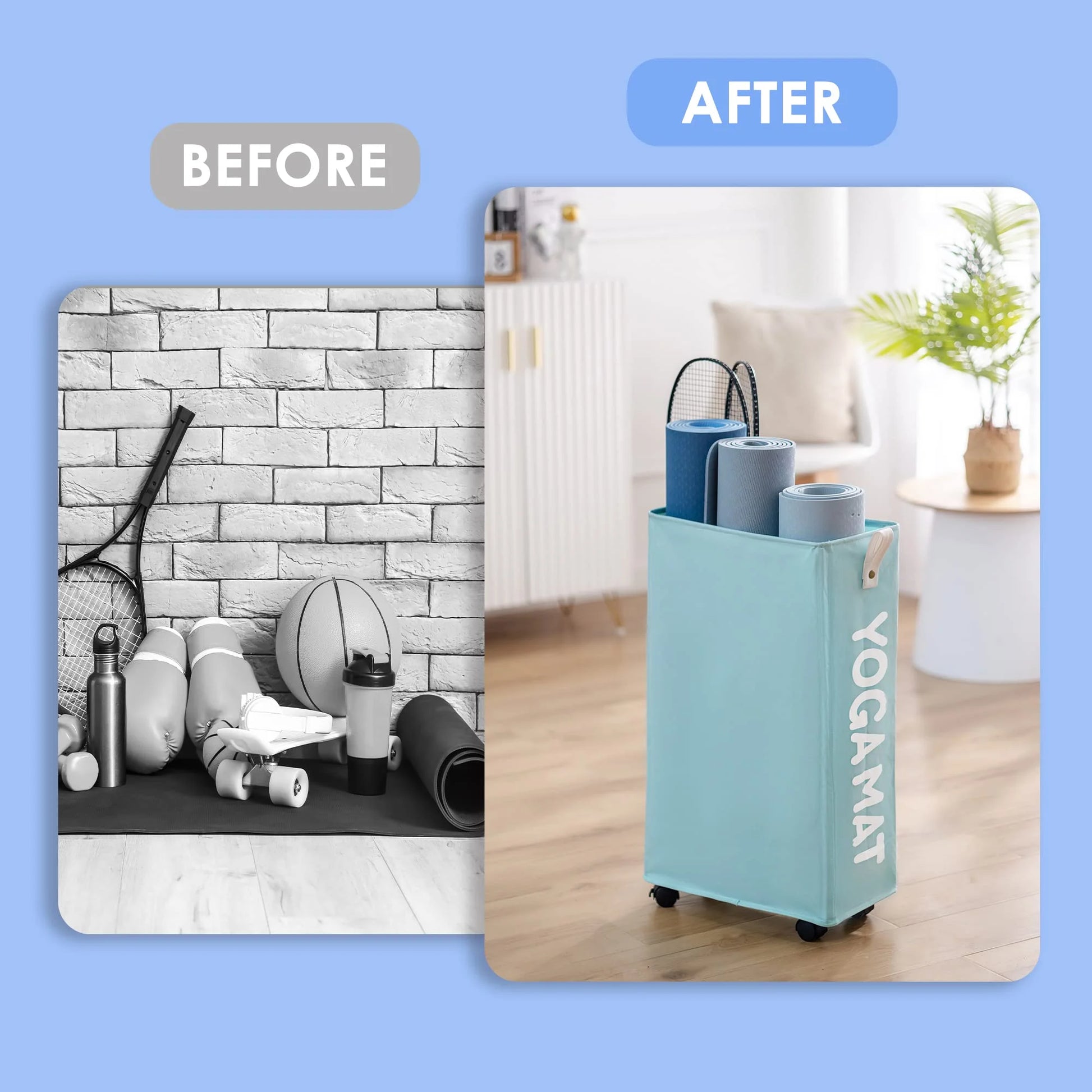 Yoga Mat Storage Rack, 27’’ Large Yoga Mat Holder Accessories, Home Gym Equipment Storage Yoga Mats, Workout Equipment Organization with Wheels, Light Blue