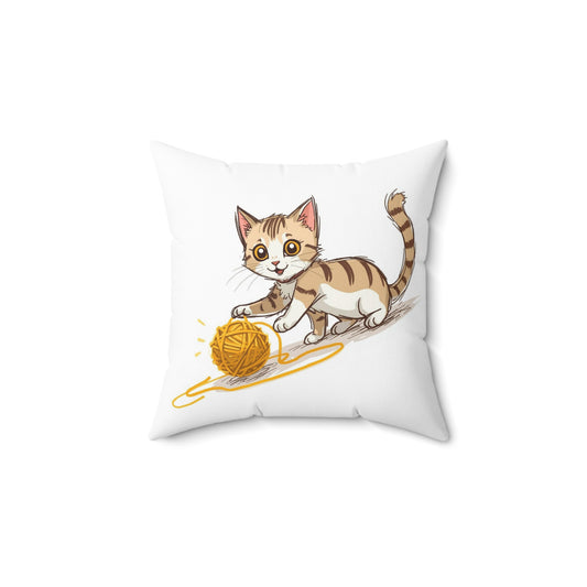 Polyester square pillow with cute cat figure playing with yellow skein