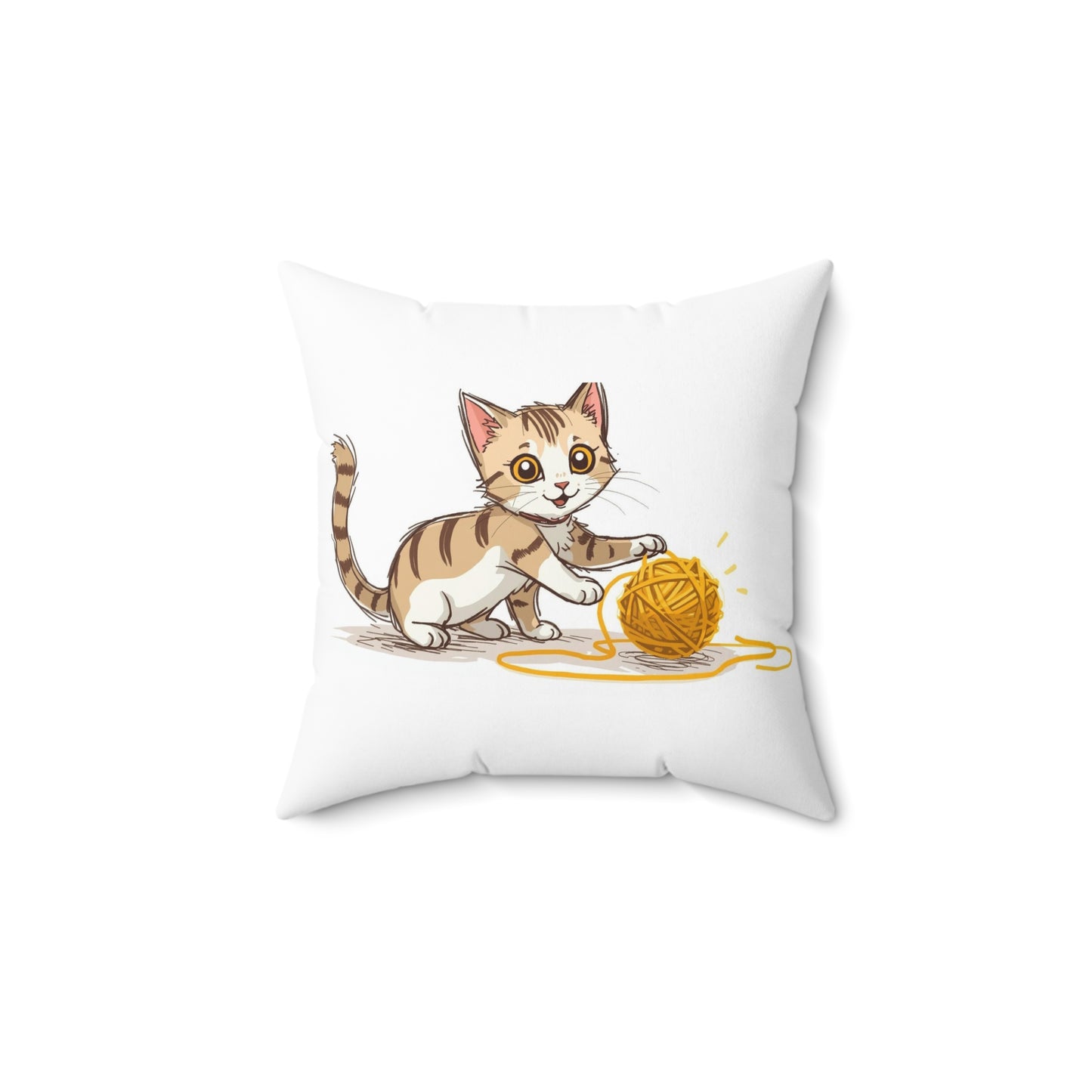 Polyester square pillow with cute cat figure playing with yellow skein