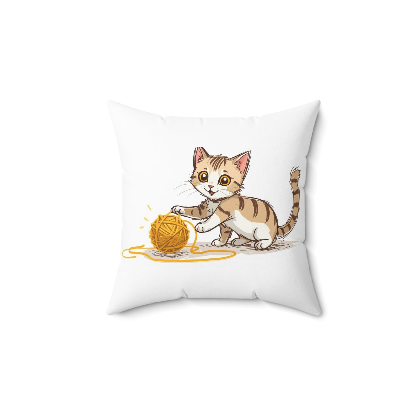 Polyester square pillow with cute cat figure playing with yellow skein