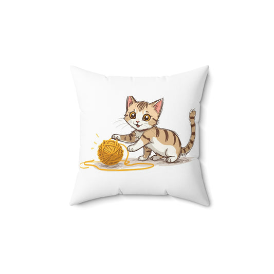 Polyester square pillow with cute cat figure playing with yellow skein