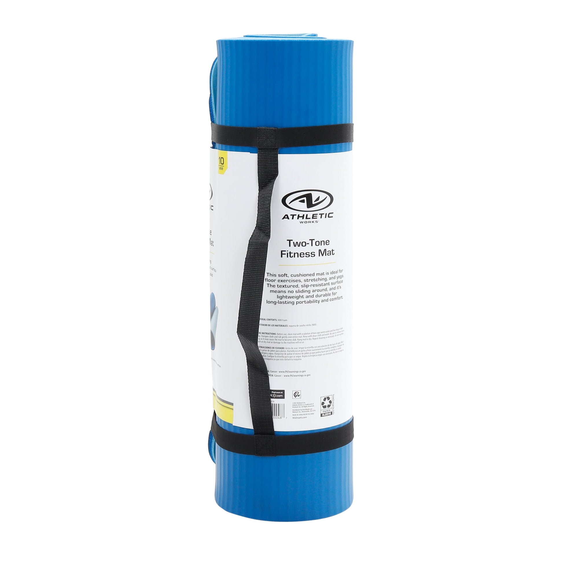 Two Tone Fitness Mat, 10Mm, 72Inx24In, Blue Color, NBR Foam, with Carry Strap