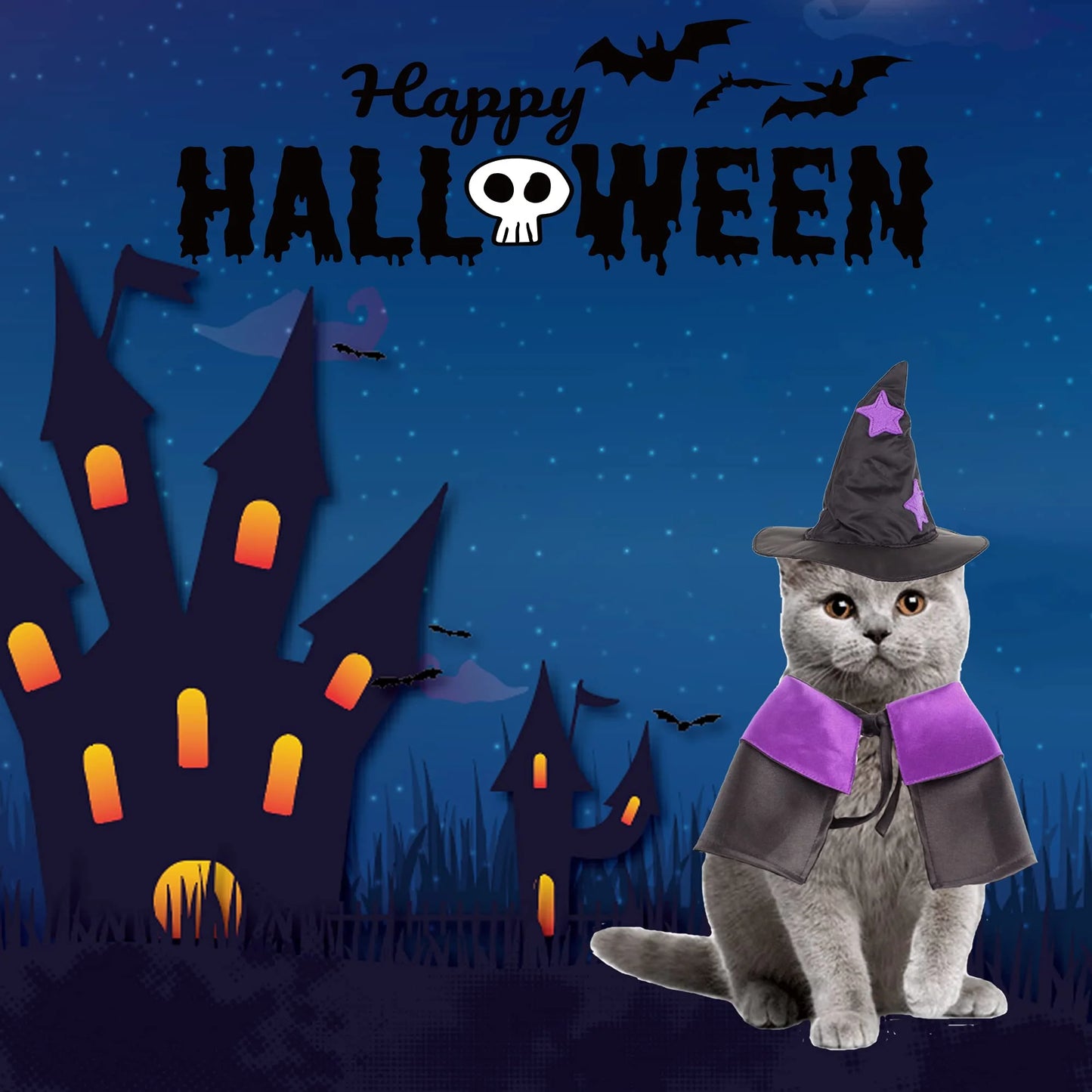 Halloween Pet Costumes, Cat Wizard Costume, Dog Witch Cloak & Hat, Purple Witch Cloak for Cats, Dogs, Kittens, Puppies, Rabbits, Perfect for Halloween, Parties, Cosplay, and Daily Wear