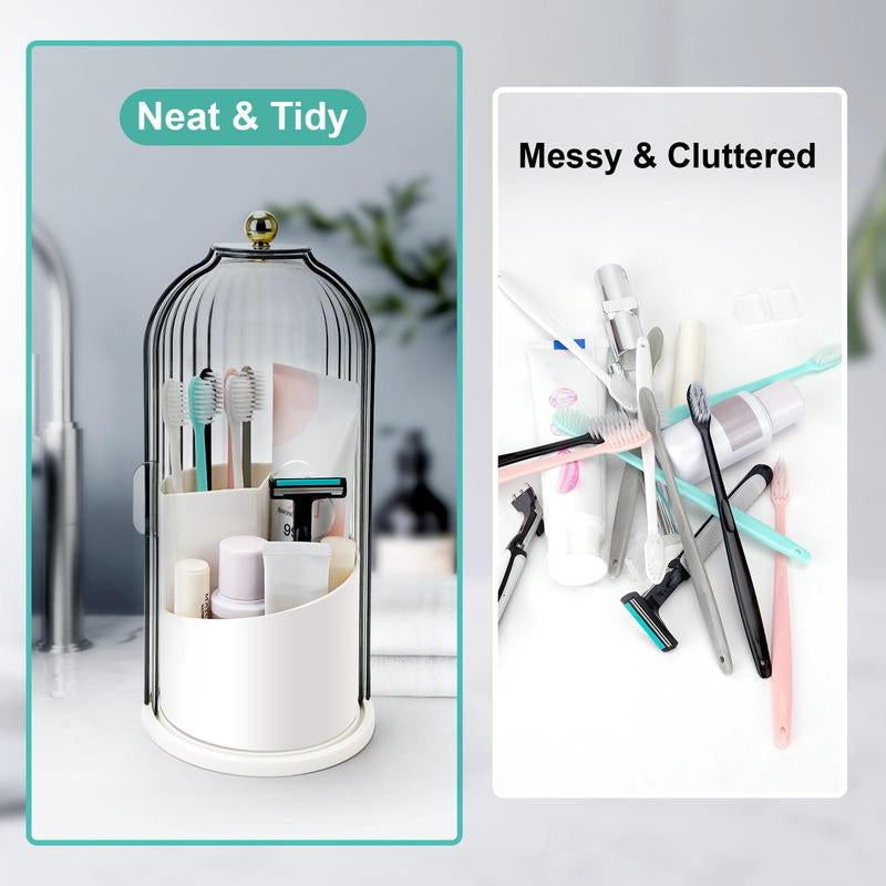 Tiktok Viral Bathroom Organizer with Sliding Lid Christmas Gift Idea,Rotating Toothbrush Holder with Sliding Lid 3 Slots,Bathroom Counter Organizer for Makeup Brushes and Toothbrush,No-Drill Bathroom Storage,Water-Resistant Organizer,White