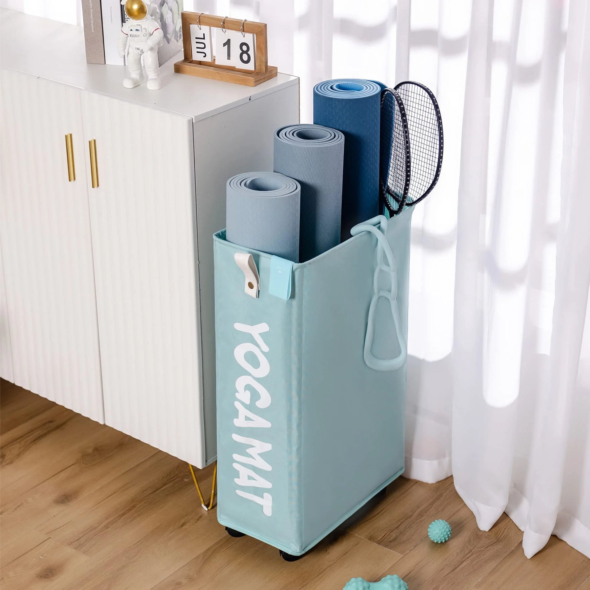 Yoga Mat Storage Rack, 27’’ Large Yoga Mat Holder Accessories, Home Gym Equipment Storage Yoga Mats, Workout Equipment Organization with Wheels, Light Blue