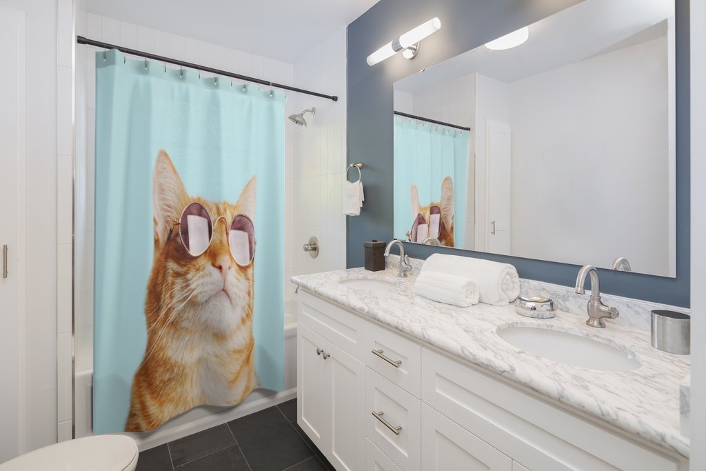 Cat Rules Shower Curtain For Cat Lovers Durable Polyester