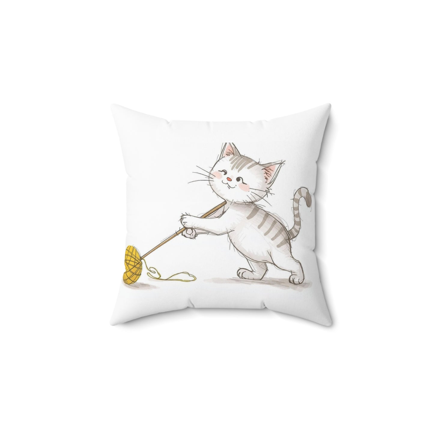 Cat Playing with Yellow Yarn Pillow, Cute Cat Lover Decorative Cushion, Spun Polyester Square Pillow, Home Decor Gift, Animal Theme Pillow