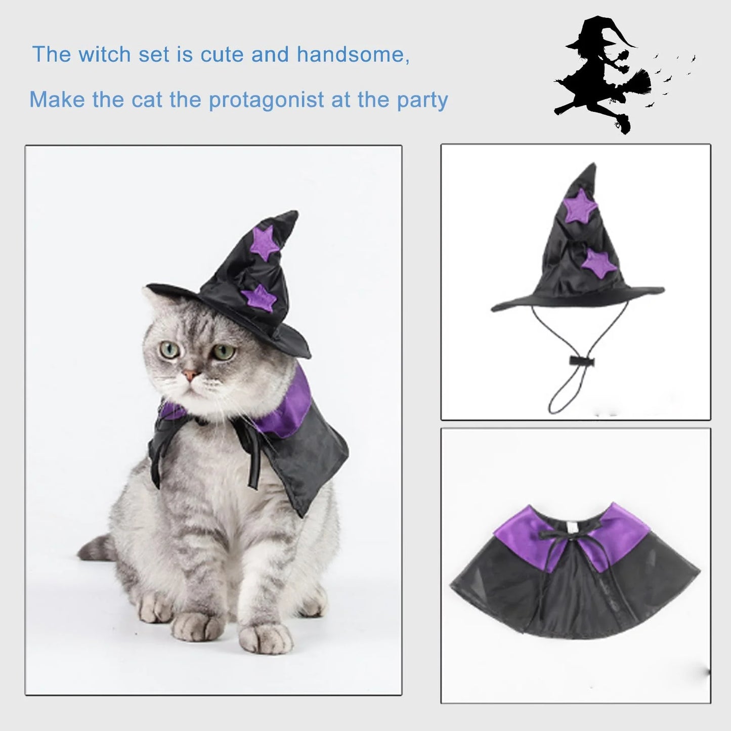 Halloween Pet Costumes, Cat Wizard Costume, Dog Witch Cloak & Hat, Purple Witch Cloak for Cats, Dogs, Kittens, Puppies, Rabbits, Perfect for Halloween, Parties, Cosplay, and Daily Wear