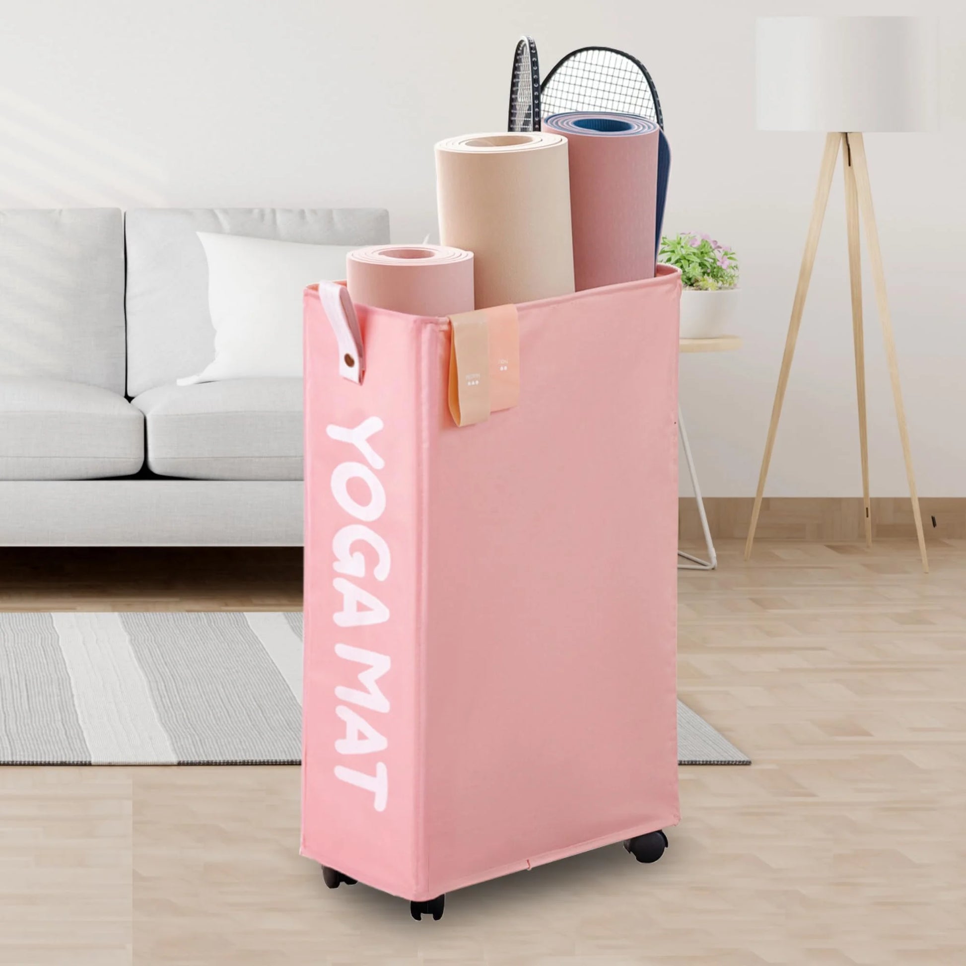 Yoga Mat Storage Rack, 22’’ Large Yoga Mat Holder Accessories, Home Gym Equipment Storage Yoga Mats, Workout Equipment Organization with Wheels, Pink