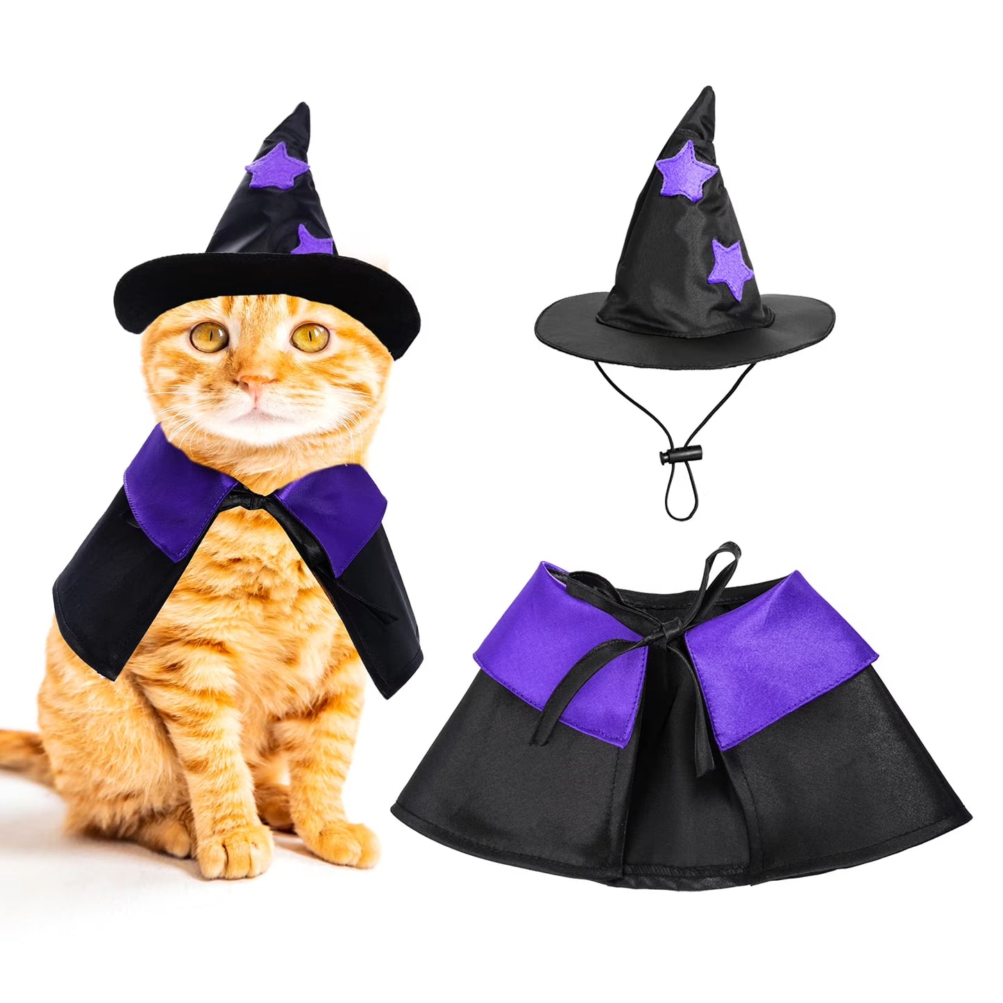 Halloween Pet Costumes, Cat Wizard Costume, Dog Witch Cloak & Hat, Purple Witch Cloak for Cats, Dogs, Kittens, Puppies, Rabbits, Perfect for Halloween, Parties, Cosplay, and Daily Wear