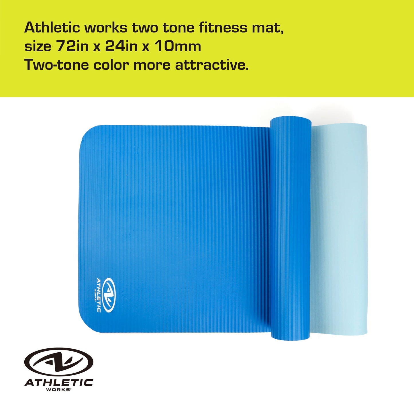 Two Tone Fitness Mat, 10Mm, 72Inx24In, Blue Color, NBR Foam, with Carry Strap