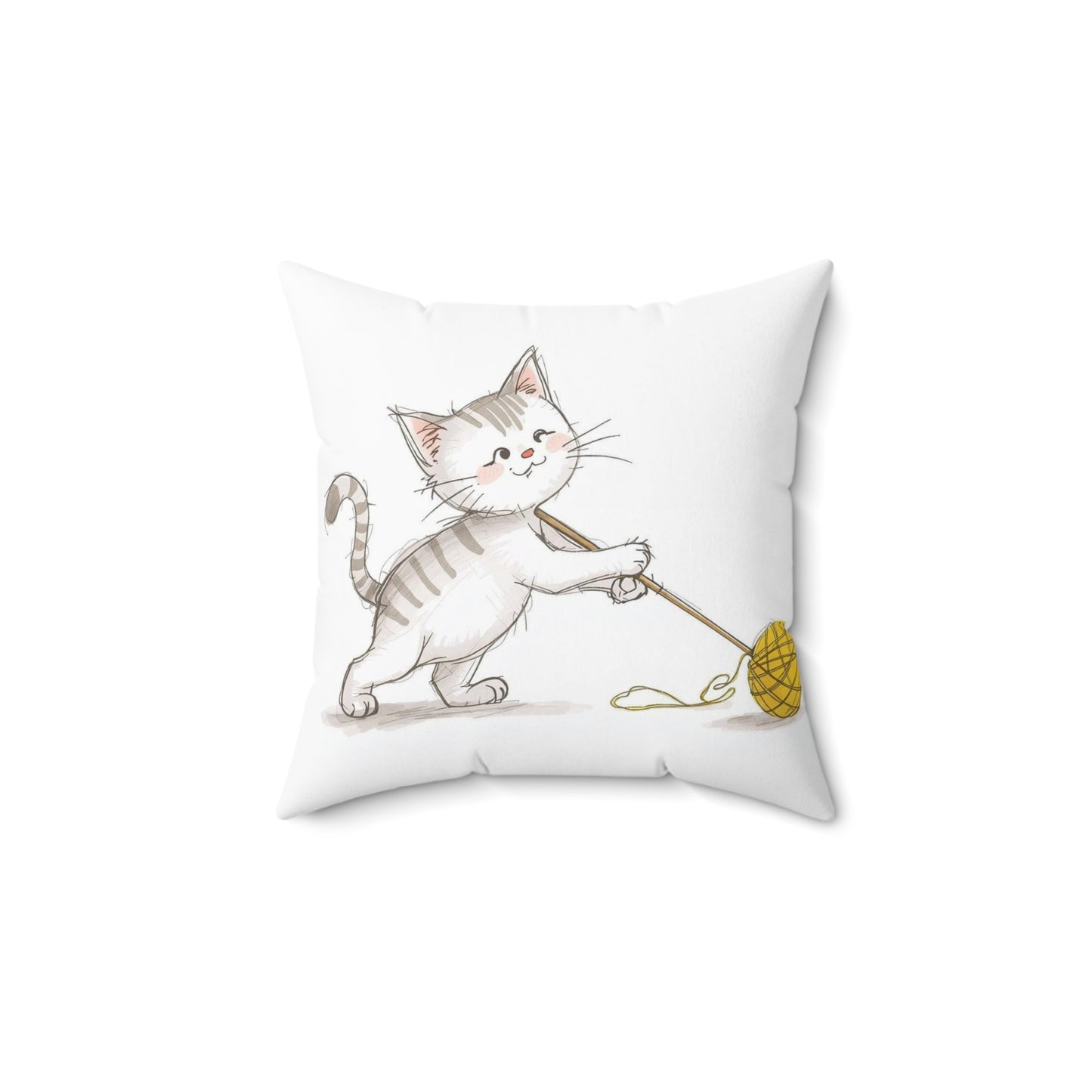 Cat Playing with Yellow Yarn Pillow, Cute Cat Lover Decorative Cushion, Spun Polyester Square Pillow, Home Decor Gift, Animal Theme Pillow