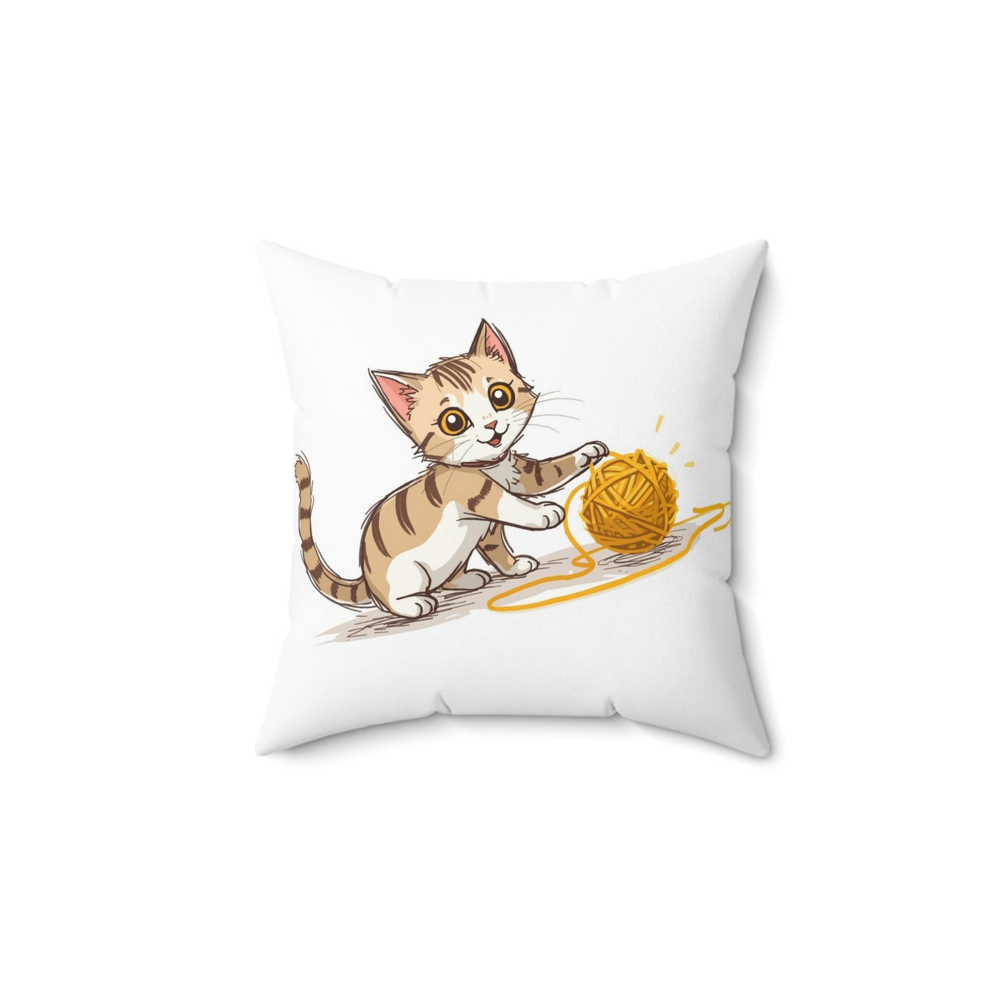 Polyester square pillow with cute cat figure playing with yellow skein