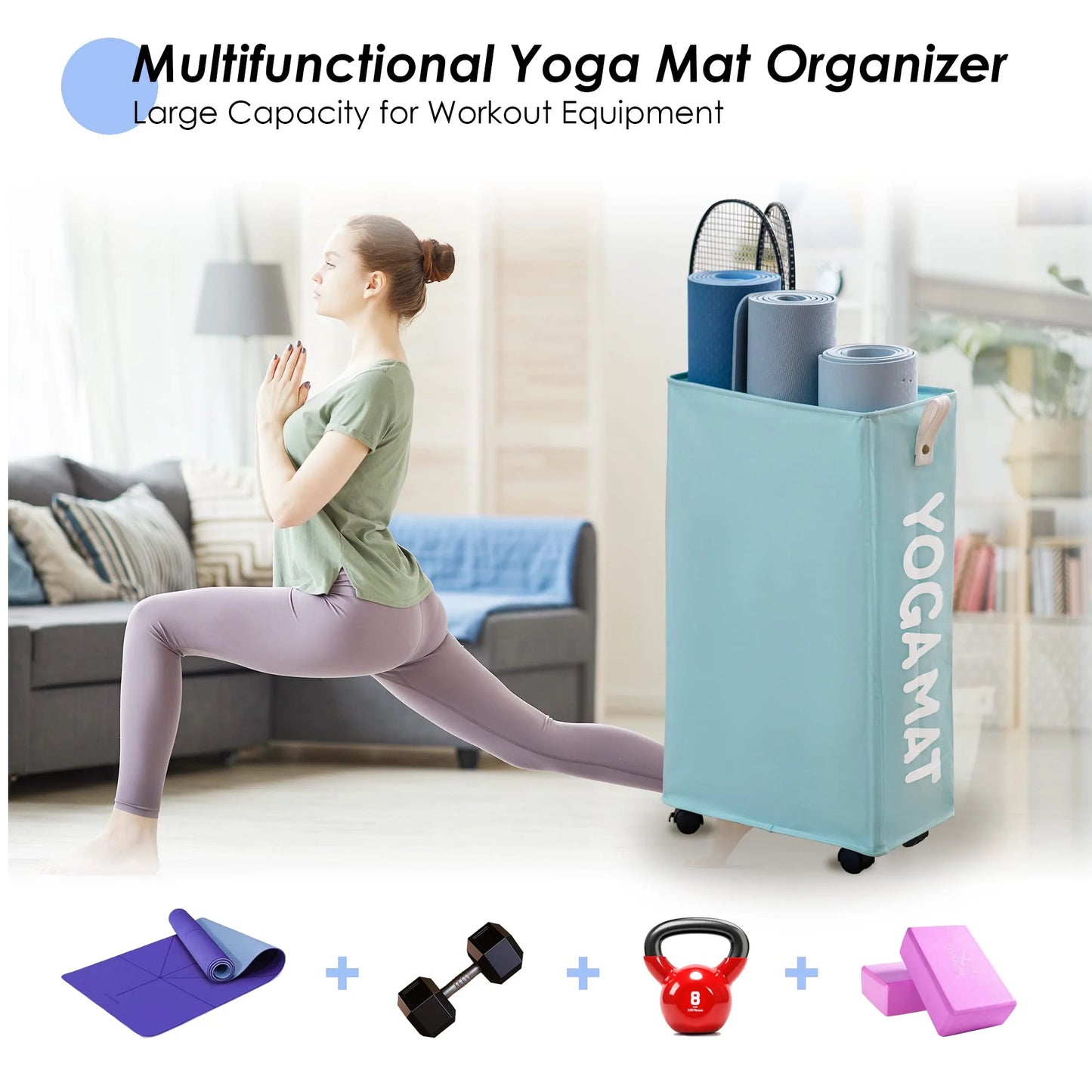 Yoga Mat Storage Rack, 27’’ Large Yoga Mat Holder Accessories, Home Gym Equipment Storage Yoga Mats, Workout Equipment Organization with Wheels, Light Blue