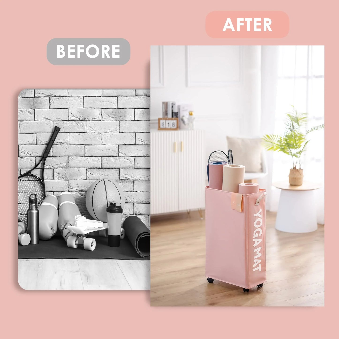 Yoga Mat Storage Rack, 22’’ Large Yoga Mat Holder Accessories, Home Gym Equipment Storage Yoga Mats, Workout Equipment Organization with Wheels, Pink