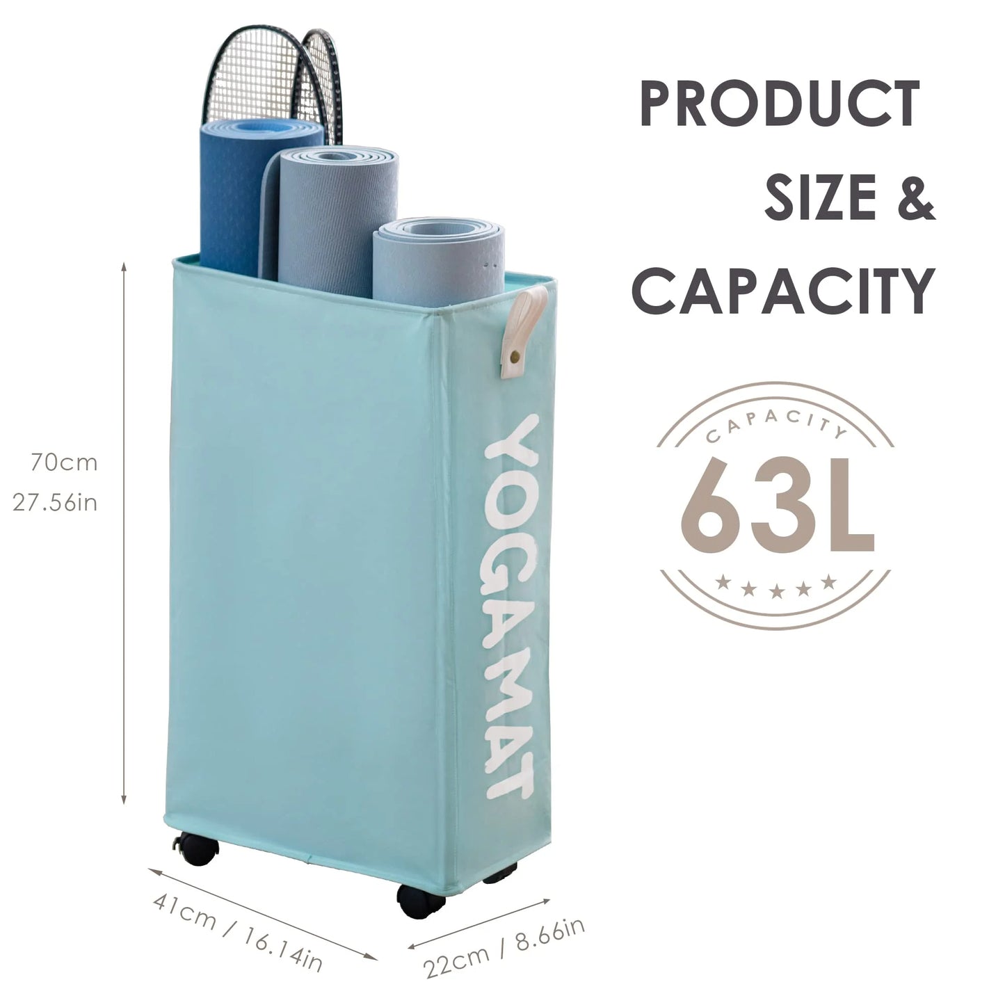 Yoga Mat Storage Rack, 27’’ Large Yoga Mat Holder Accessories, Home Gym Equipment Storage Yoga Mats, Workout Equipment Organization with Wheels, Light Blue