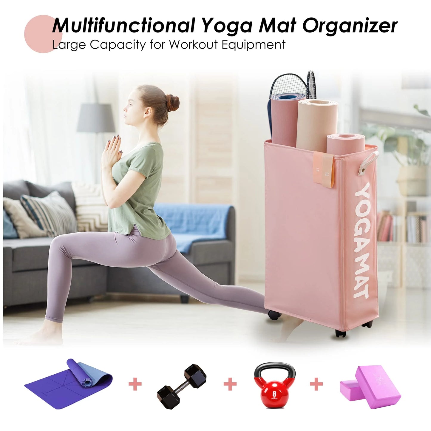Yoga Mat Storage Rack, 22’’ Large Yoga Mat Holder Accessories, Home Gym Equipment Storage Yoga Mats, Workout Equipment Organization with Wheels, Pink