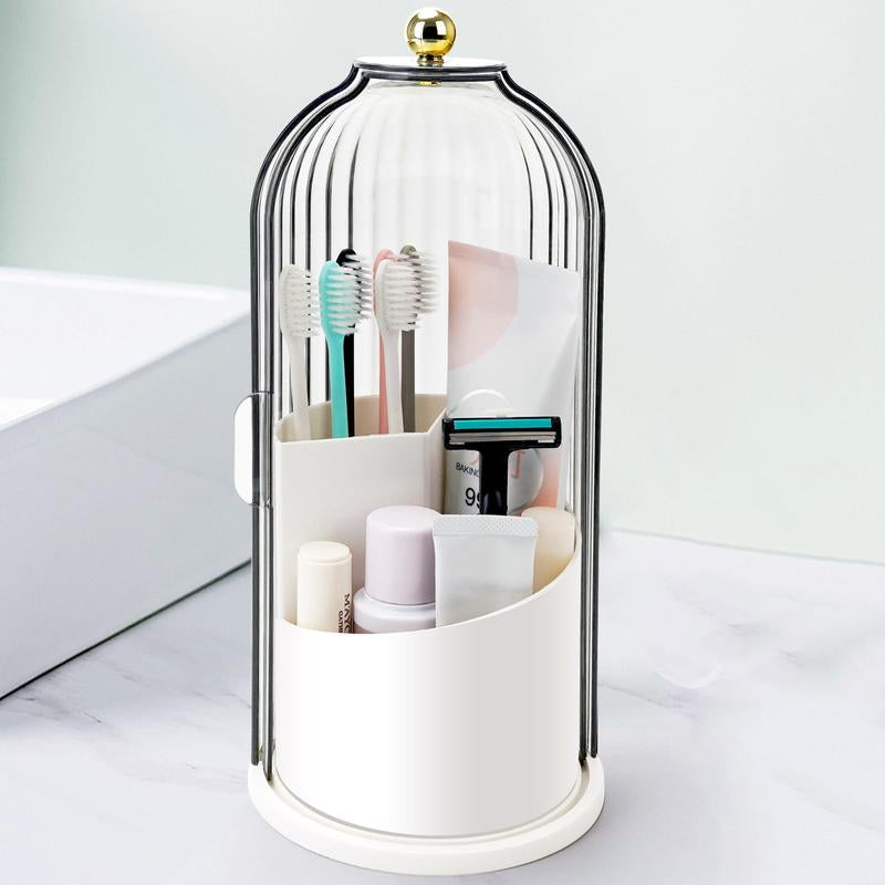 Tiktok Viral Bathroom Organizer with Sliding Lid Christmas Gift Idea,Rotating Toothbrush Holder with Sliding Lid 3 Slots,Bathroom Counter Organizer for Makeup Brushes and Toothbrush,No-Drill Bathroom Storage,Water-Resistant Organizer,White