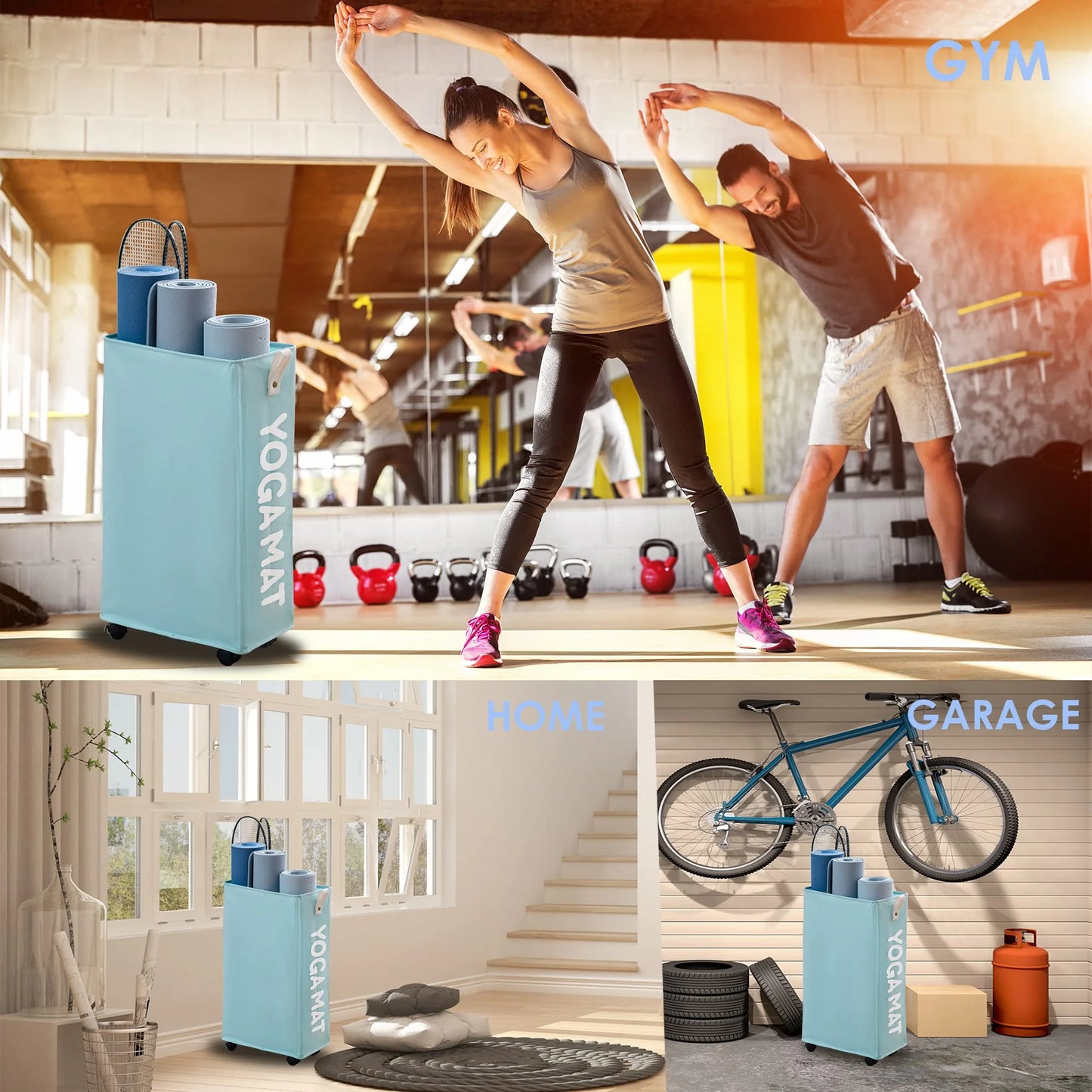 Yoga Mat Storage Rack, 27’’ Large Yoga Mat Holder Accessories, Home Gym Equipment Storage Yoga Mats, Workout Equipment Organization with Wheels, Light Blue