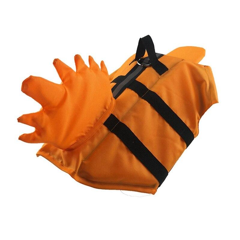 Orange shark-themed dog life vest with black adjustable straps for swimming.