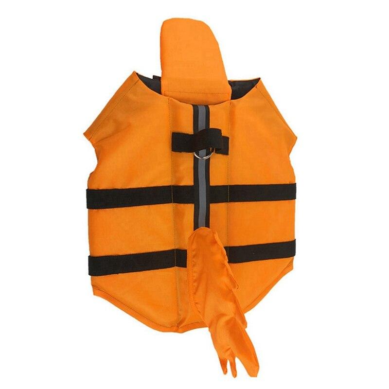 Orange dog life vest with black straps and shark-tail extension for swimming.
