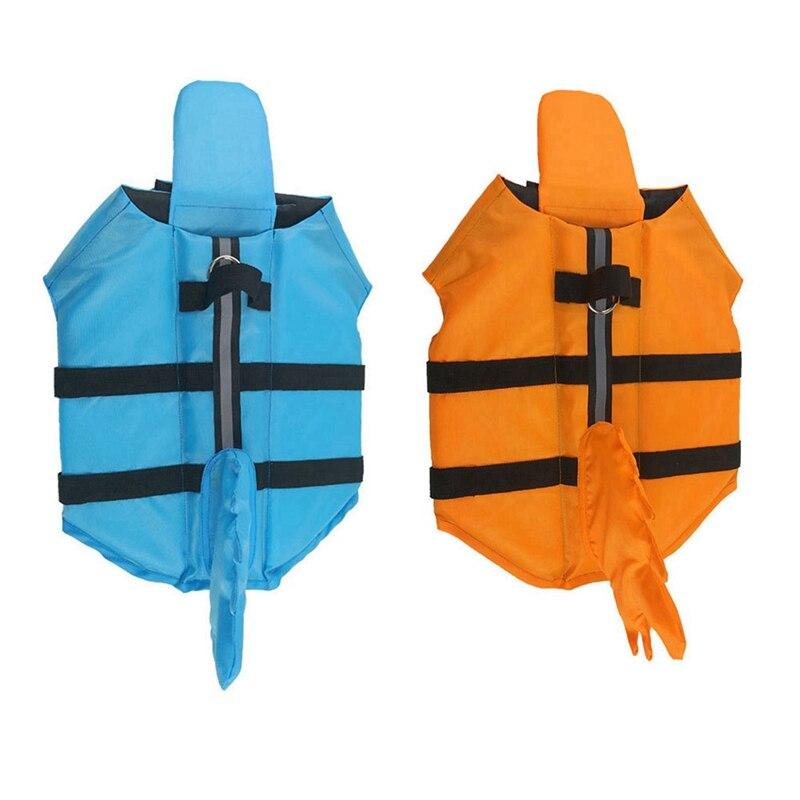 Blue and orange dog life vests with shark-tail design and black straps, polyester all-season dog swimwear.