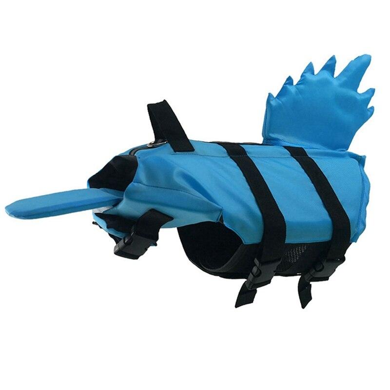 Blue polyester dog life vest with shark-fin back and adjustable straps for swimming.