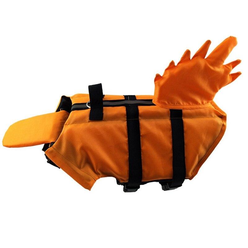 Orange summer-design dog life vest with black straps, all-season polyester pet swimwear.