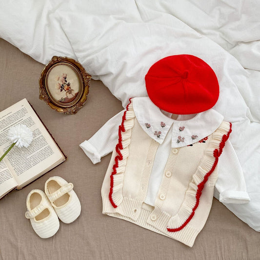 Baby Girl Embroidered Sleeveless Knit Vest With Solid Color