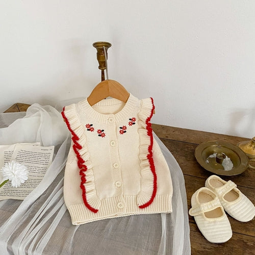 Baby Girl Embroidered Sleeveless Knit Vest With Solid Color